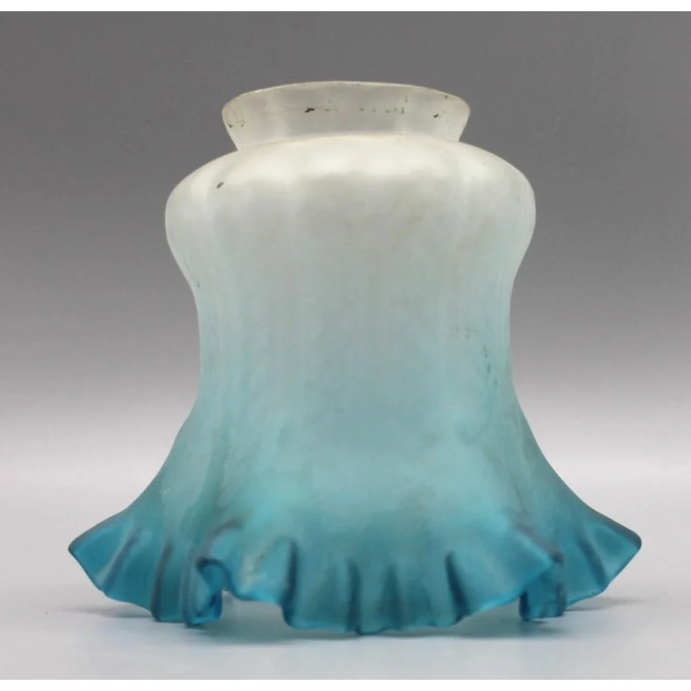 Vintage Art Nouveau Style Wall Sconce Blue Ruffled Glass Shade Bronze Tone